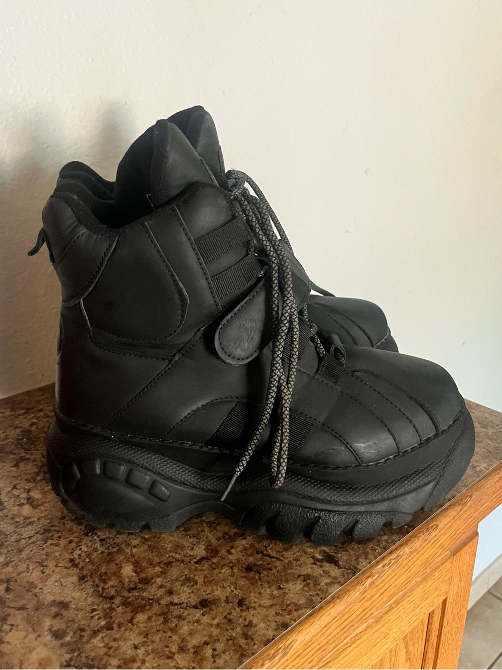 Dolls Kill Black Platform Combat Boots with Reflective Laces - Picture 2 of 4